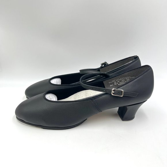 11W 11 WIDE Capezio #561 Jr Footlight‎ 1.5" Black Leather Tap Dance Shoes Heels - Picture 3 of 11